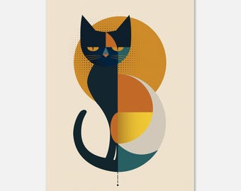Geometrisk Bauhaus-katt – Minimalistisk kattposter – Geometrisk kattväggkonst – Bauhaus-katttryck
