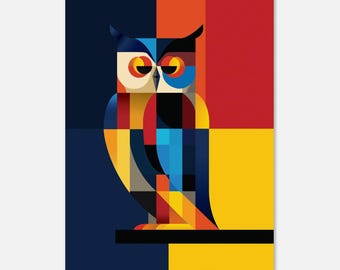 Geometrisk Ugglaposter i Bauhaus-stil – Färgglad modern väggkonstposter för designdekoration – Canvas – Aluminium
