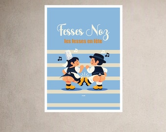 Humoristisk bretonsk affisch "Fesses Noz - Les fesses en fête" | Humoristisk Breton Fest-Noz illustration | Original bretonsk dekorativ affisch