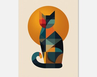 Bauhaus Kattkonstposter - Geometrisk djurkonst - abstrakt kattposter - skandinavisk väggkonst