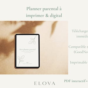 Peut inclure: Une tablette affiche un planificateur parental numérique avec le texte "Mon planner parental" et des illustrations de feuilles. Sur une surface marron clair, le texte inclut "PDF interactif" et "Imprimable en A4".