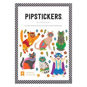 May include: A sticker sheet featuring cartoon cats dressed as superheroes. The cats are in various colors, wearing masks and capes, with lightning bolts and stars. The text "PIPSTICKERS" is at the top, and "Feline Fight Club" is at the bottom.