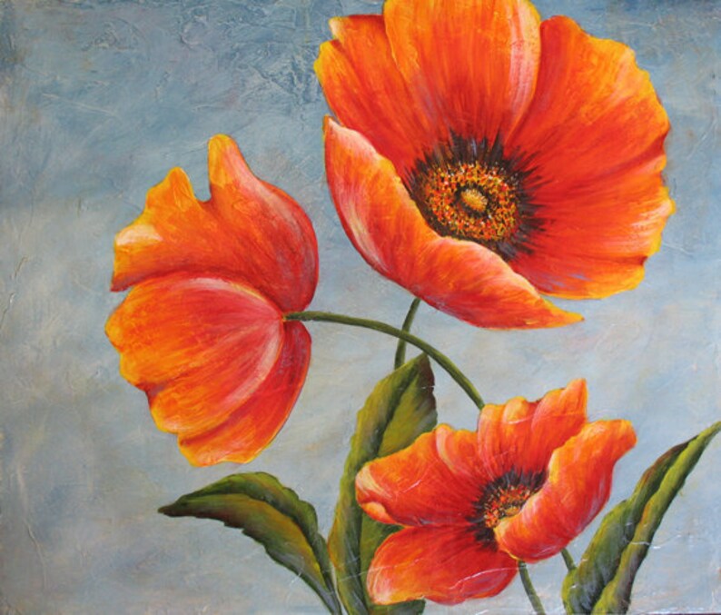 THREE POPPIES an Original Acrylic Painting Etsy