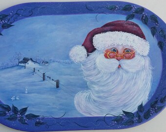 Santa Tray. This hardwood tray measures 20 1/2x 12 1/2. Can be used to serve on or for display. Detailed painting of house, barn and face.