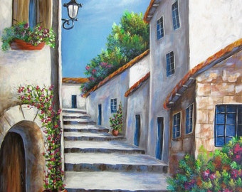 New - STREETS OF SANTORINI, An Acrylic Fine Art Painting