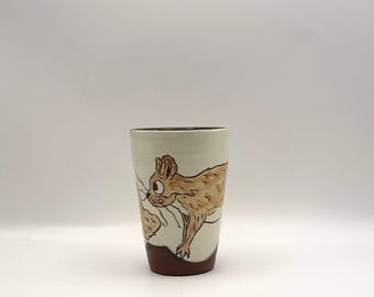 Wheel-Thrown Ceramic Cup: Hand painted and carved squirrel design
