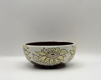 Wheel-Thrown Sunflower Bowl: Hand-Painted Ceramic Serving Dish