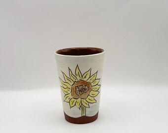 Wheel-Thrown Ceramic Cup: Hand painted and carved sunflower design
