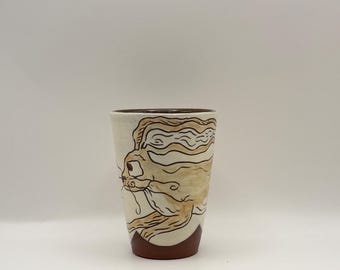 Wheel-Thrown Ceramic Cup: Hand painted and carved Rabbit design