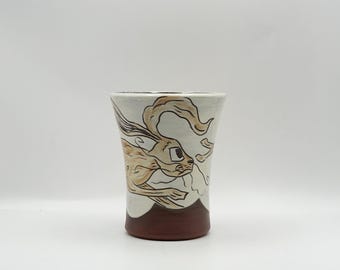 Wheel-Thrown Ceramic Vase/Crock: Hand painted and carved Rabbit design