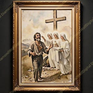 Puede incluir: Una pintura enmarcada representa a un hombre con ropa marrón caminando hacia tres figuras con túnicas blancas, con una cruz de madera al fondo. La pintura tiene un marco dorado ornamentado y está sobre un fondo oscuro.