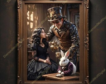 Steampunk Szalony Kapelusznik Herbatka – Alicja w Krainie Czarów, Gotycka Fantastyka, Cyfrowe Druki do Pobrania, Sztuka Ścienna