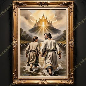 May include: A framed painting depicts two figures walking through water towards a bright, illuminated castle. The figures are dressed in flowing robes. The ornate gold frame enhances the artwork's classical style.