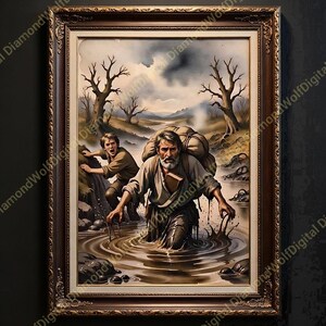 May include: A framed painting showing two men struggling through muddy water, one carrying a large pack. The artwork uses a muted colour palette with a dark sky and bare trees, creating a sombre mood. The frame is ornate with a dark brown finish.