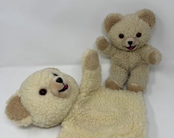 Vintage 1986 Snuggle Bear Plush & Hand Puppet Lot, Russ Berrie Advertising Collectibles