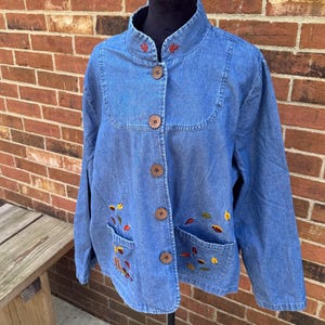 Embroidered Denim Jacket: Autumn Leaves, Acorns, Cottagecore Style, Size 2X