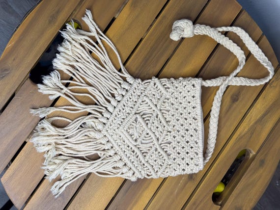 Handmade Neutral Macrame Drawstring Bag, Cotton F… - image 2