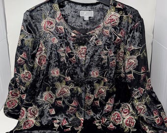 Black Crushed Velvet Embroidered Floral Jacket with Sequins, Bell Sleeve Peplum Blazer