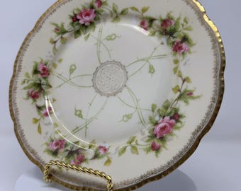 Antique Prussia Porcelain Plate: Pink Roses, Gold Gilt Rim, Scalloped Edge (8 Inch)