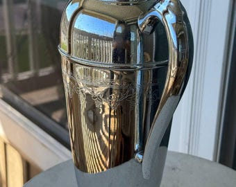 Vintage Art Deco Chrome Cocktail Shaker, Etched Grape Vine Motif Barware