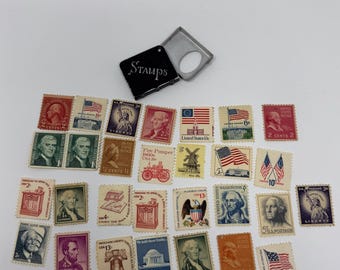 Vintage US Postage Stamp Lot w Mini Stamp Holder Case Americana Washington Jefferson Liberty Flags Collectible Ephemera