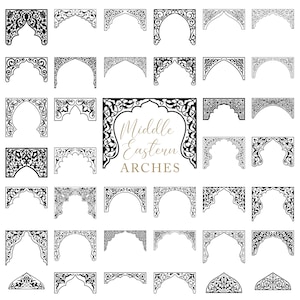 Puede incluir: Una colección de diseños de arcos del Medio Oriente en blanco y negro. La imagen presenta varias formas de arcos con patrones intrincados y el texto "Middle Eastern ARCHES" en el centro.
