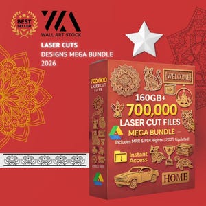 Op de afbeelding: Een rode achtergrond met een doos met lasersnijontwerpen. De doos heeft de tekst "LASER CUTS DESIGNS MEGA BUNDLE 2026" en "700.000 LASER CUT FILES". De doos heeft ook verschillende lasersnijontwerpen.