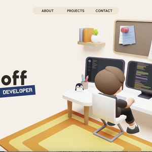 Può includere: Un'illustrazione digitale 3D di uno spazio di lavoro per sviluppatori web con il testo David Heckhoff Web Developer. Un personaggio siede a una scrivania bianca con due monitor, una piccola figura di pinguino, una pianta e una bacheca a muro.