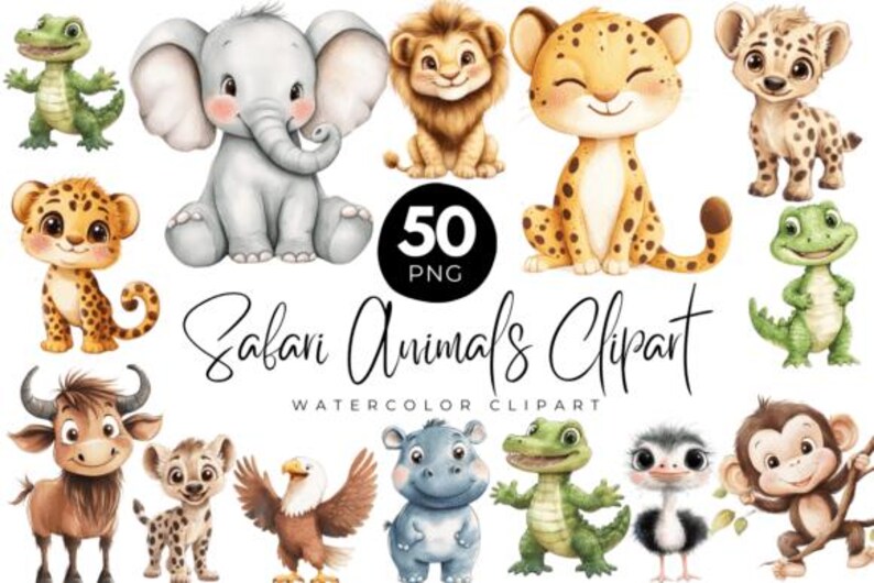Watercolor Safari Friends Clipart – Cute Baby Animals PNG Bundle for ...
