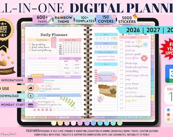 All-In-One Digital Planner 2026-2028, Rainbow Theme, GoodNotes, Notability (Digital Download)