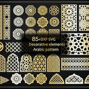 Könnte beinhalten: Eine Sammlung goldfarbener Dekorelemente mit komplexen arabischen Mustern in verschiedenen geometrischen Formen, darunter Bordüren, Bögen und Paneele. Der Text 85+ DXF SVG Decorative elements Arabic pattern ist mittig auf dunklem Grund platziert.