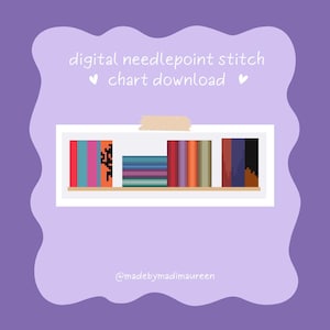 May include: Digital needlepoint stitch chart download graphic on a purple background. The image features a white shelf with colorful pixelated designs resembling books. Text at the top reads "digital needlepoint stitch chart download". The artist's name is displayed at the bottom.