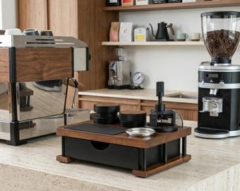 Solid Wood Espresso Tamping Station – Coffee Bar Organizer for Tamper, Portafilter, WDT Tool