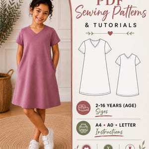 May include: A PDF sewing pattern and tutorial for a short-sleeved V-neck dress. The graphic displays the text PDF Sewing Patterns & Tutorials, sizes 2-16 years, and printing formats A4, A0, and Letter. It includes line drawings of the dress.