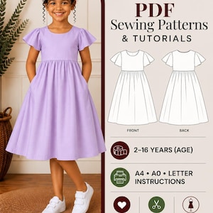 May include: A digital sewing pattern for a lavender dress with flutter sleeves and a gathered skirt. The graphic includes the text Essee Digital Tailor, PDF Sewing Patterns & Tutorials, 2-16 years, A4, A0, Letter instructions, and icons for beginner friendly, easy to sew, and timeless design.