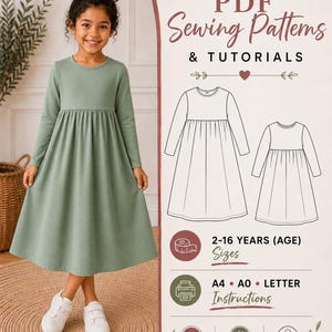 Puede incluir: Un vestido verde salvia de manga larga con cintura fruncida y cuello redondo. El gráfico incluye el texto PDF Sewing Patterns & Tutorials, 2-16 Years (Age) Sizes, A4, A0, Letter Instructions, Beginner Friendly, Easy to Sew y Timeless Design.