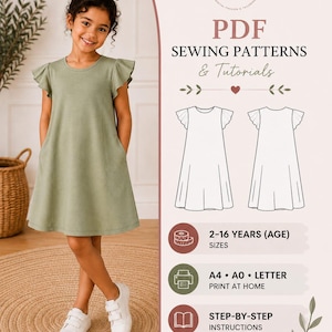 Puede incluir: Un vestido verde salvia con mangas de volantes y bolsillos laterales. La imagen incluye el texto: PDF SEWING PATTERNS & Tutorials, 2-16 YEARS (AGE) SIZES, A4, A0, LETTER PRINT AT HOME, STEP-BY-STEP INSTRUCTIONS, BEGINNER FRIENDLY, EASY TO SEW, INSTANT DOWNLOAD.