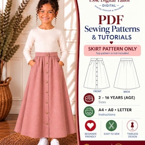 May include: A digital PDF sewing pattern for a skirt by Esse Digital Tailor. The image shows a long, dusty pink skirt with a front button closure and pockets, alongside technical line drawings of the front and back views for ages 2-16.