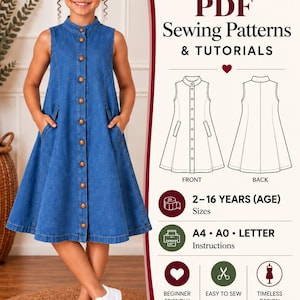 May include: A sleeveless blue denim dress with a mandarin collar, front button closure, and side pockets. The graphic includes the text Esse Digital Tailor, PDF Sewing Patterns & Tutorials, 2-16 years age sizes, and A4, A0, Letter instructions.