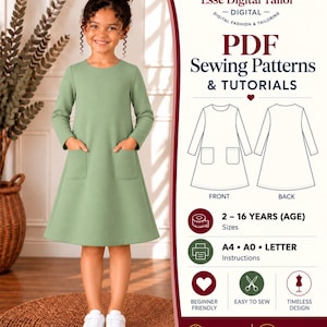 Peut inclure: Une robe vert sauge à manches longues avec deux poches avant. Le patron numérique inclut le texte : Esse Digital Tailor, PDF Sewing Patterns & Tutorials, 2-16 years, A4, A0, Letter, Beginner Friendly, Easy to Sew, Timeless Design, Professional Finish.