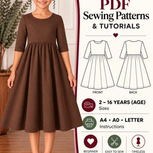 May include: A brown dress with three-quarter sleeves and a gathered skirt. The image includes text: Esse Digital Tailor, PDF Sewing Patterns & Tutorials, 2-16 Years (Age) Sizes, A4, A0, Letter Instructions, Beginner Friendly, Easy to Sew, Timeless Design.