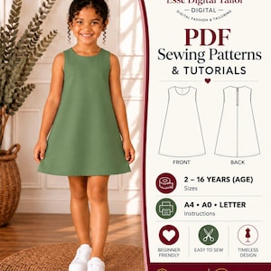 May include: A digital PDF sewing pattern for a sleeveless sage green A-line dress. The graphic includes the text Esse Digital Tailor, PDF Sewing Patterns & Tutorials, 2-16 years, A4, A0, Letter, Beginner Friendly, Easy to Sew, Timeless Design.