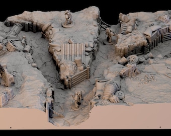 May include: A detailed miniature diorama of a war-torn battlefield. The scene includes trenches, bunkers, and scattered debris, with small figures positioned throughout. The color palette is primarily shades of gray and tan, creating a realistic, weathered effect.