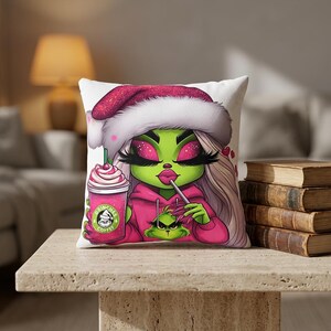 Green Alien Girl with Santa Hat Square Pillow | Christmas Space Aesthetic | home deco