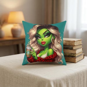 Green Alien Glam Pillow | Square Polyester Pillow with Diva Illustration | home decoration