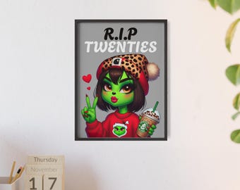 Póster R.I.P. de los años veinte con marco / Chica de dibujos animados verde, arte navideño / decoración de pared