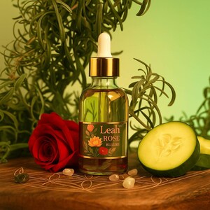 May include: A glass bottle with a gold cap and dropper, labelled "Leah Rose BLIZIRS", is on a wooden surface. A red rose, cucumber slices, and greenery surround the bottle. The background has a green and yellow gradient.