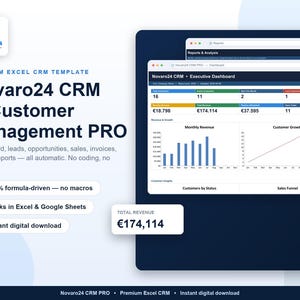 Könnte beinhalten: Eine digitale Novaro24 CRM und Customer Management PRO Excel-Vorlage mit einem Executive-Dashboard, das Datenvisualisierungen, monatliche Umsatzdiagramme, Kundenwachstumskurven und eine Gesamteinnahmenanzeige von 174.114 € enthält.