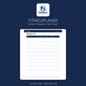 Könnte beinhalten: Eine digitale Fitnessplaner-Vorlage mit dem Novaro24-Logo, betitelt als FITNESSPLANER mit den Untertiteln Workout, Essensplan und Habit-Tracker. Die Benutzeroberfläche zeigt eine Workout-Log-Tabelle mit Spalten für Übung, Sätze, Wdh. und Gewicht.