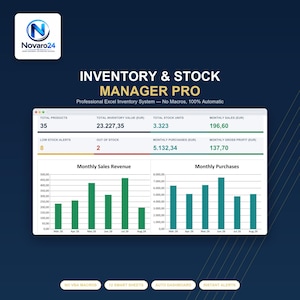 Könnte beinhalten: Das Novaro24 Inventory & Stock Manager Pro Dashboard zeigt wichtige Kennzahlen wie Gesamtprodukte, Lagerwert, Bestandseinheiten, Verkäufe und Gewinn an, ergänzt durch Balkendiagramme für monatliche Umsätze und Einkäufe sowie Statusmeldungen.